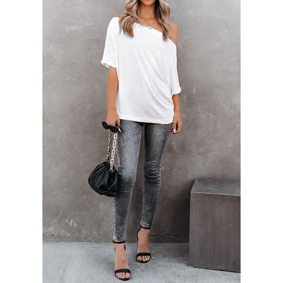 Womens Off Shoulder Shirt Summer Casual Loose Short Sleeve Top - Picture 5 of 5